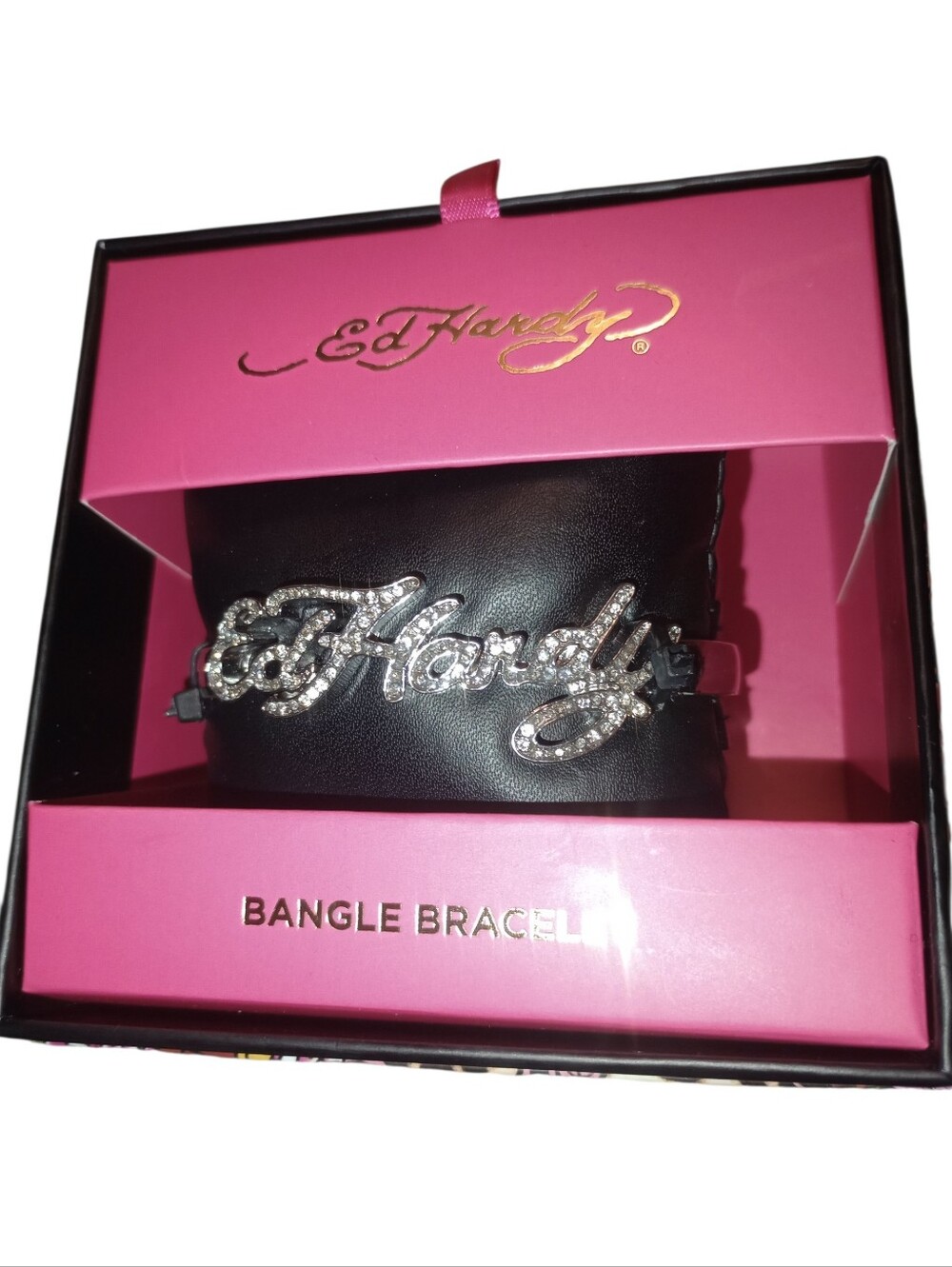 Ed Hardy Pink Logo Silver Crystal Bangle Bracelet, Gift Boxed, NWT
